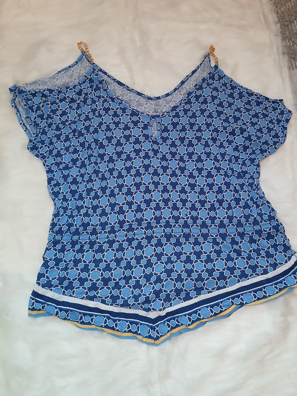 New York & Company Blue Patterned Cold-Shoulder Camisole with Gold Chain Straps